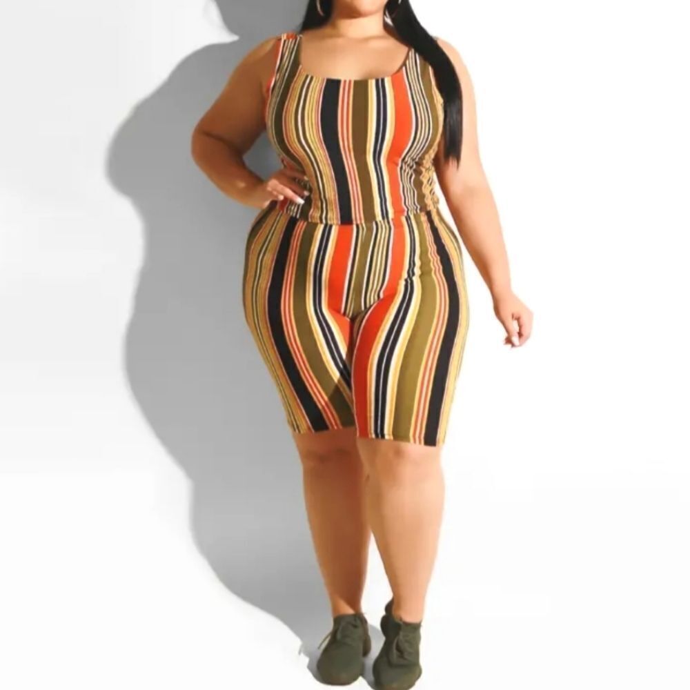 Plus Size Striped Short Sleeve Top & Biker Short Set Sz 4X